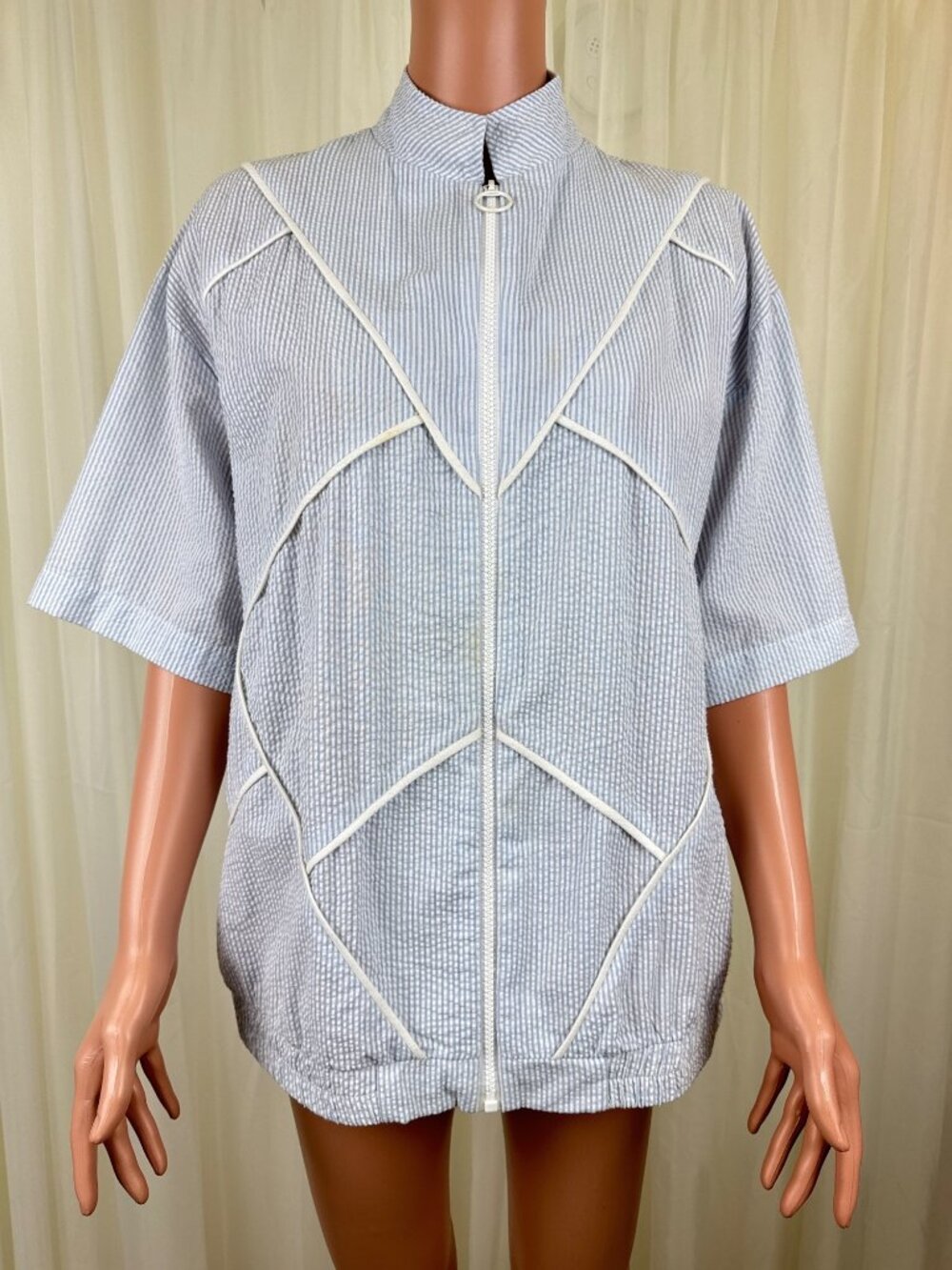 Y2K Vintage Highlights Seersucker Short Sleeve Zip-Front Cardigan Jacket Sz LG